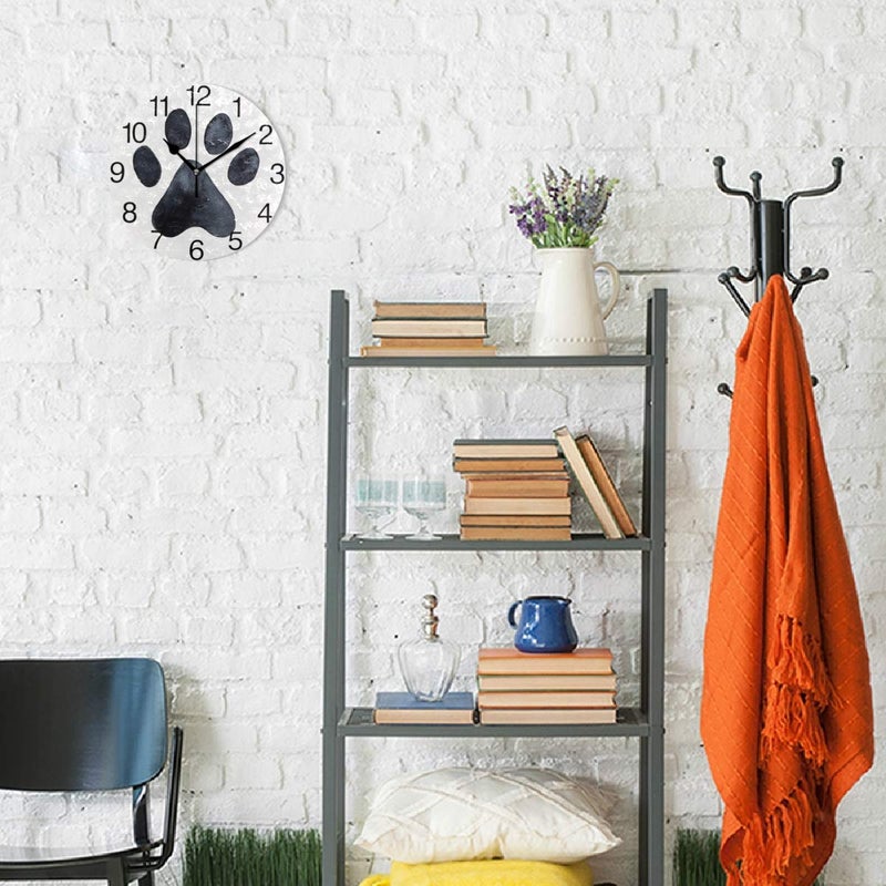 senya Black Dog Paw Print Design Round Wall Clock, Silent Non Ticking Oil Painting Decorative for Home Office School Clock Art - Image 4